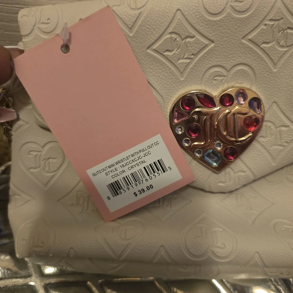 Juicy Couture White Embossed Heart Logo Wristlet with Multicolor Gem Plaque - Picture 4 of 7